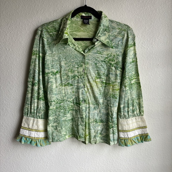 Vintage Y2K Custo Barcelona Green Forest Fairy Indie Lace Ribbon Blouse Size 2 - Picture 1 of 9
